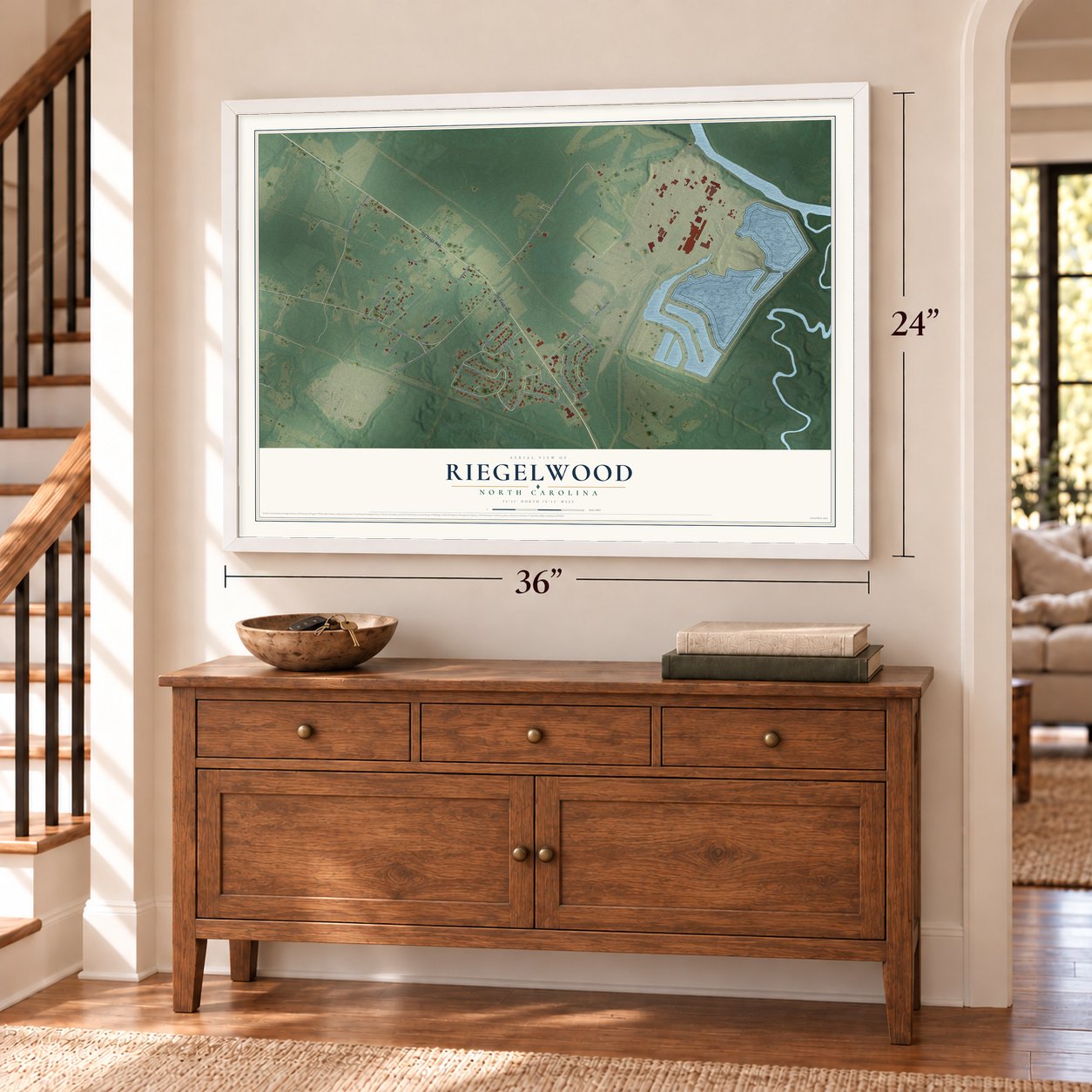 Riegelwood, North Carolina map, 24 x 36 inch print in a white frame above a dresser by a staircase