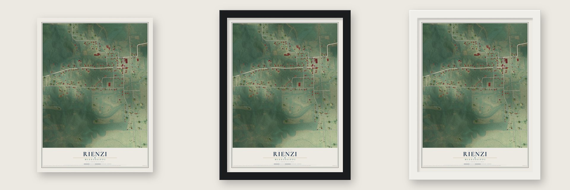 Rienzi, Mississippi map unframed, in a black wood frame and in a white wood frame