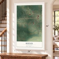 Rienzi, Mississippi map, 24 x 36 inch print in a white frame by a staircase