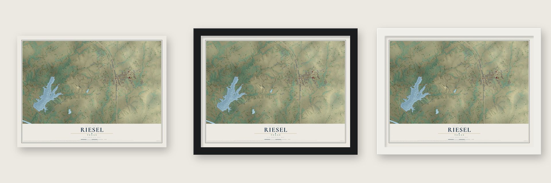 Riesel, Texas map unframed, in a black wood frame and in a white wood frame