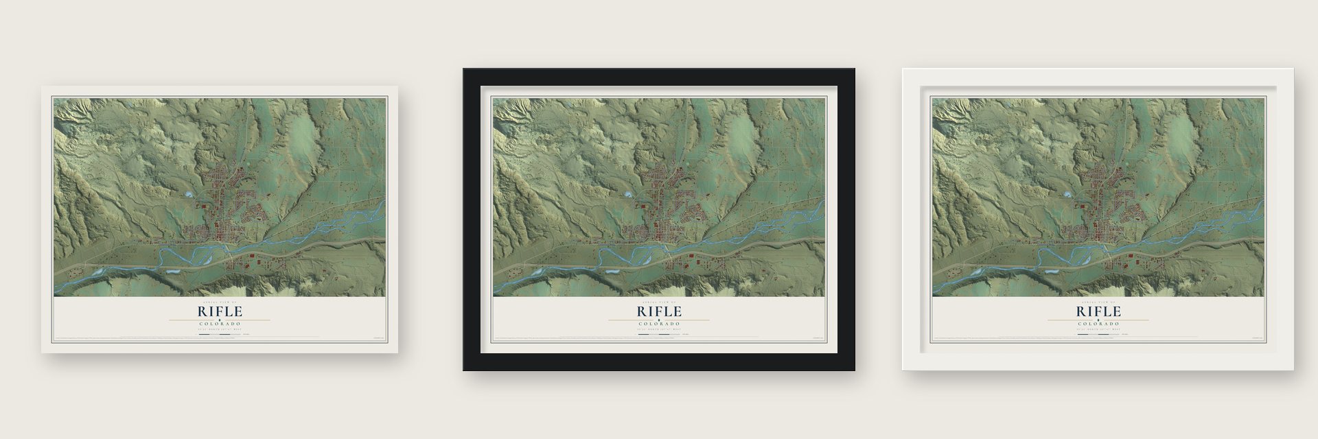 Rifle, Colorado map unframed, in a black wood frame and in a white wood frame