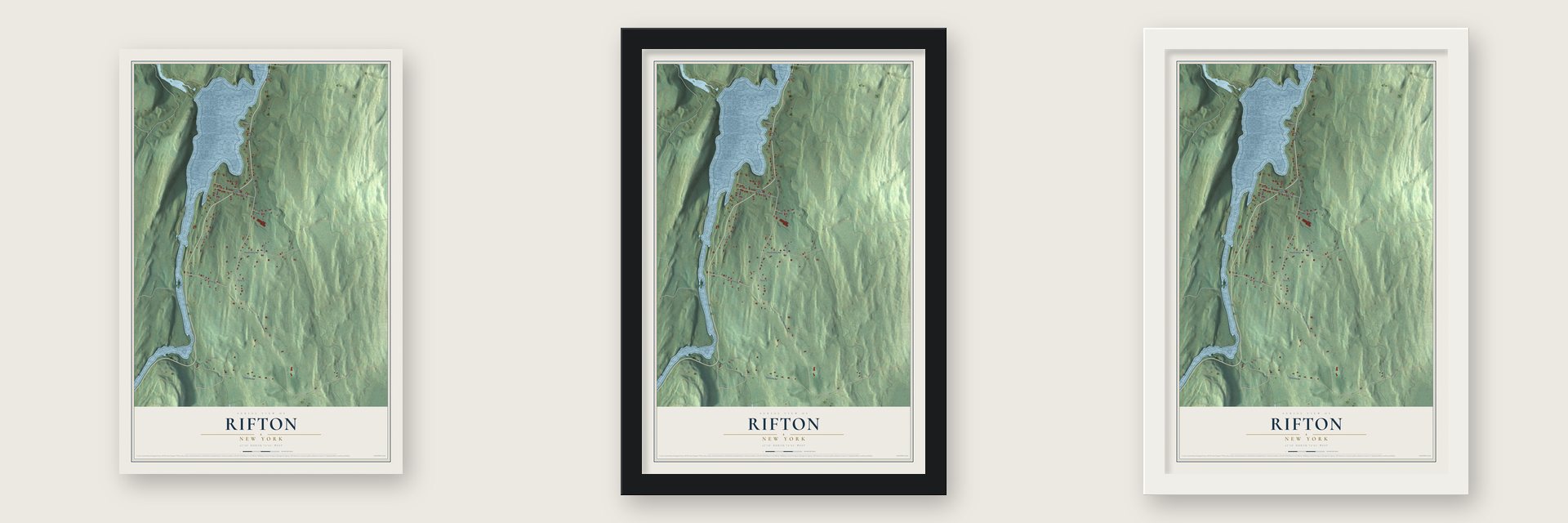 Rifton, New York map unframed, in a black wood frame and in a white wood frame