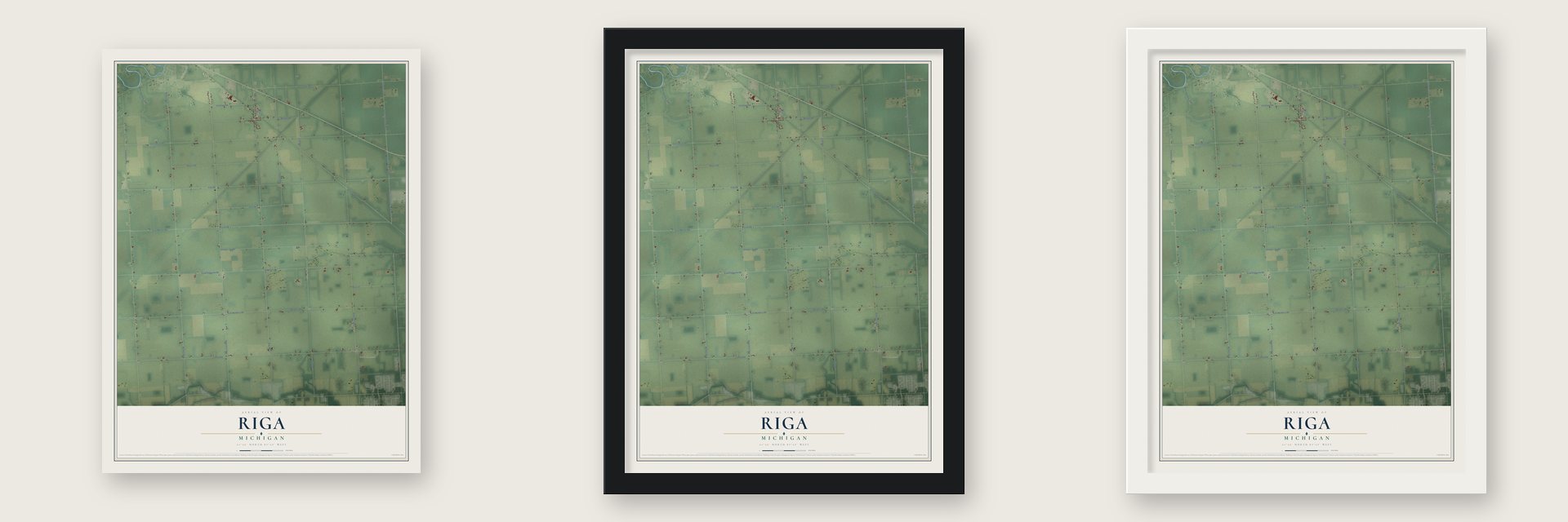 Riga, Michigan map unframed, in a black wood frame and in a white wood frame