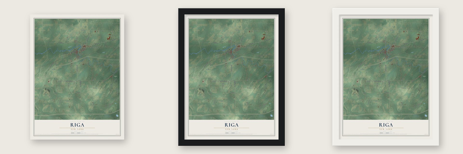 Riga, New York map unframed, in a black wood frame and in a white wood frame