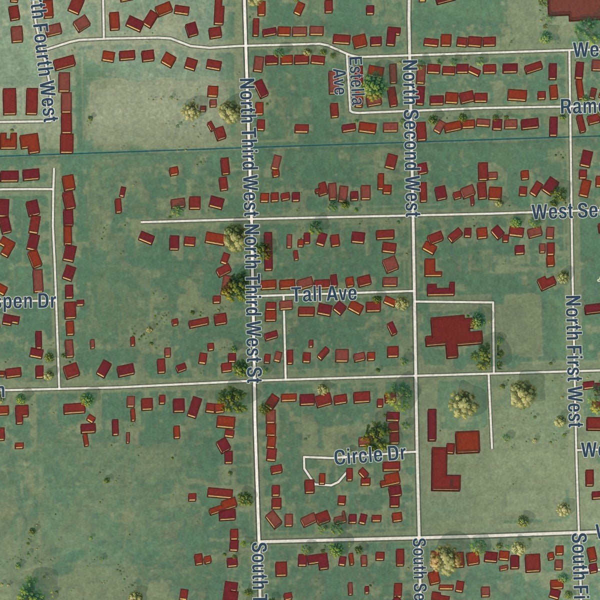 Second close-up of the map of Rigby, Idaho print showing more streets and buildings