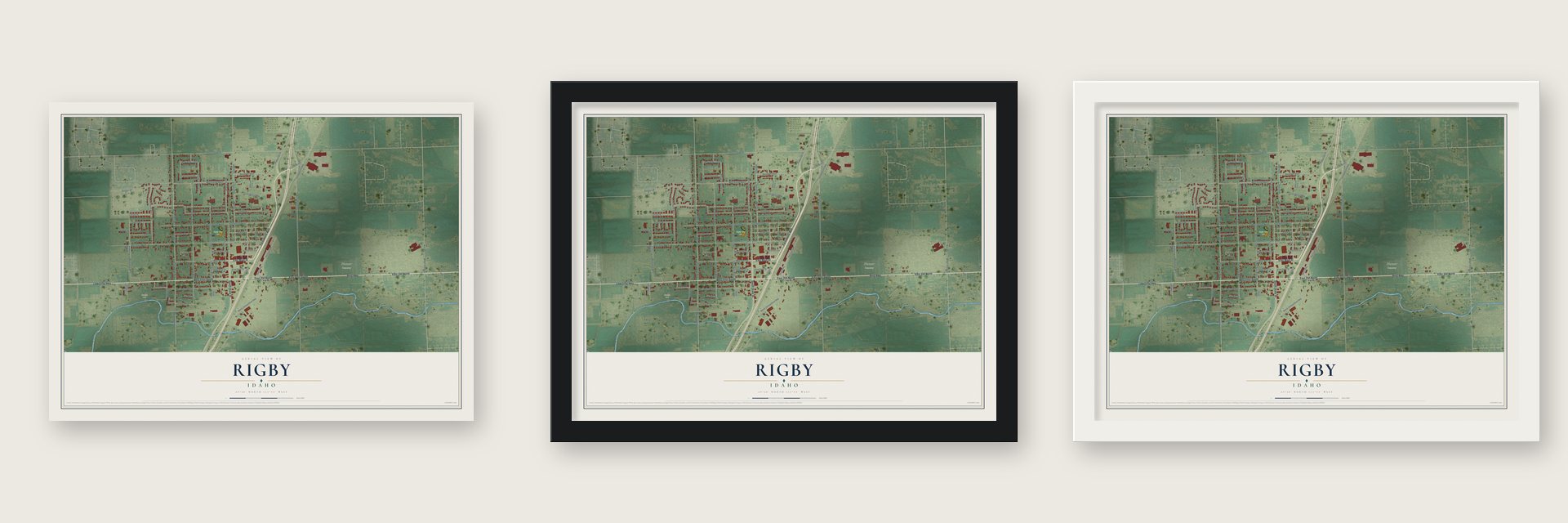 Rigby, Idaho map unframed, in a black wood frame and in a white wood frame