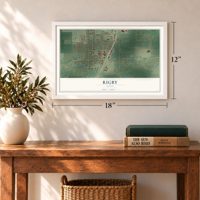 Rigby, Idaho map, 12 x 18 inch print in a white frame in an entryway