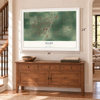 Rigby, Idaho map, 24 x 36 inch print in a white frame above a dresser by a staircase