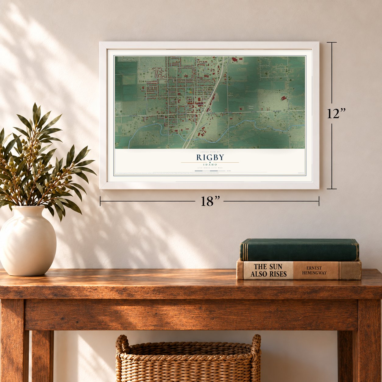 Rigby, Idaho map, 12 x 18 inch print in a white frame in an entryway
