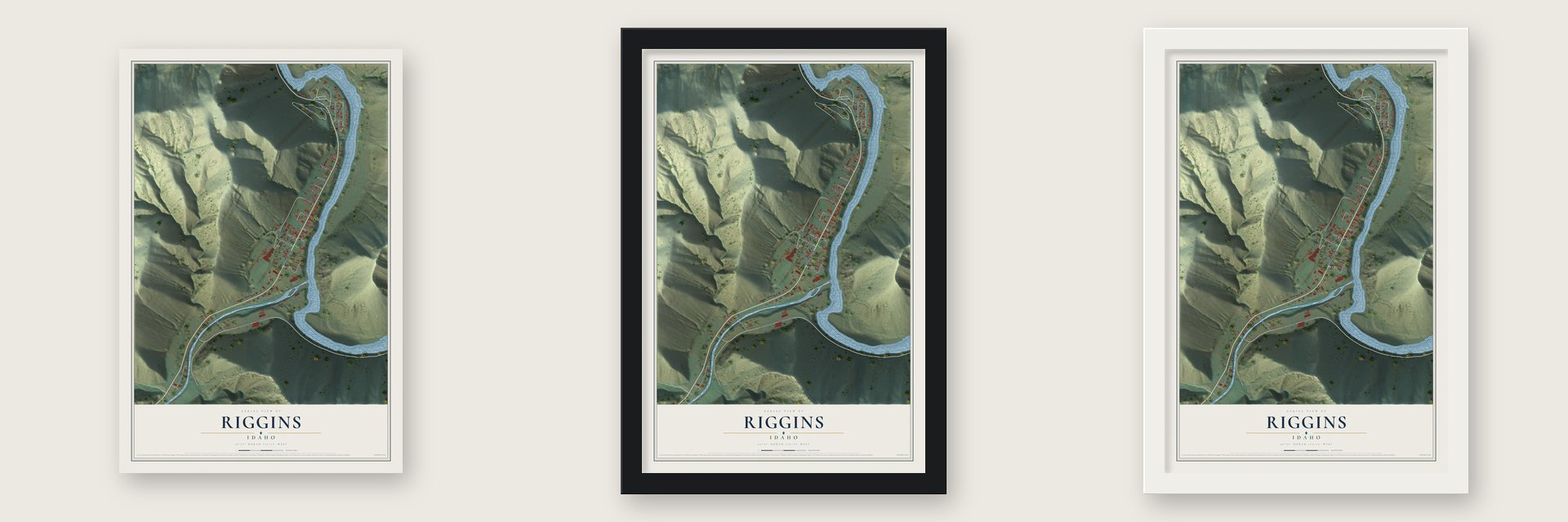 Riggins, Idaho map unframed, in a black wood frame and in a white wood frame
