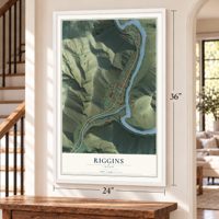 Riggins, Idaho map, 24 x 36 inch print in a white frame by a staircase