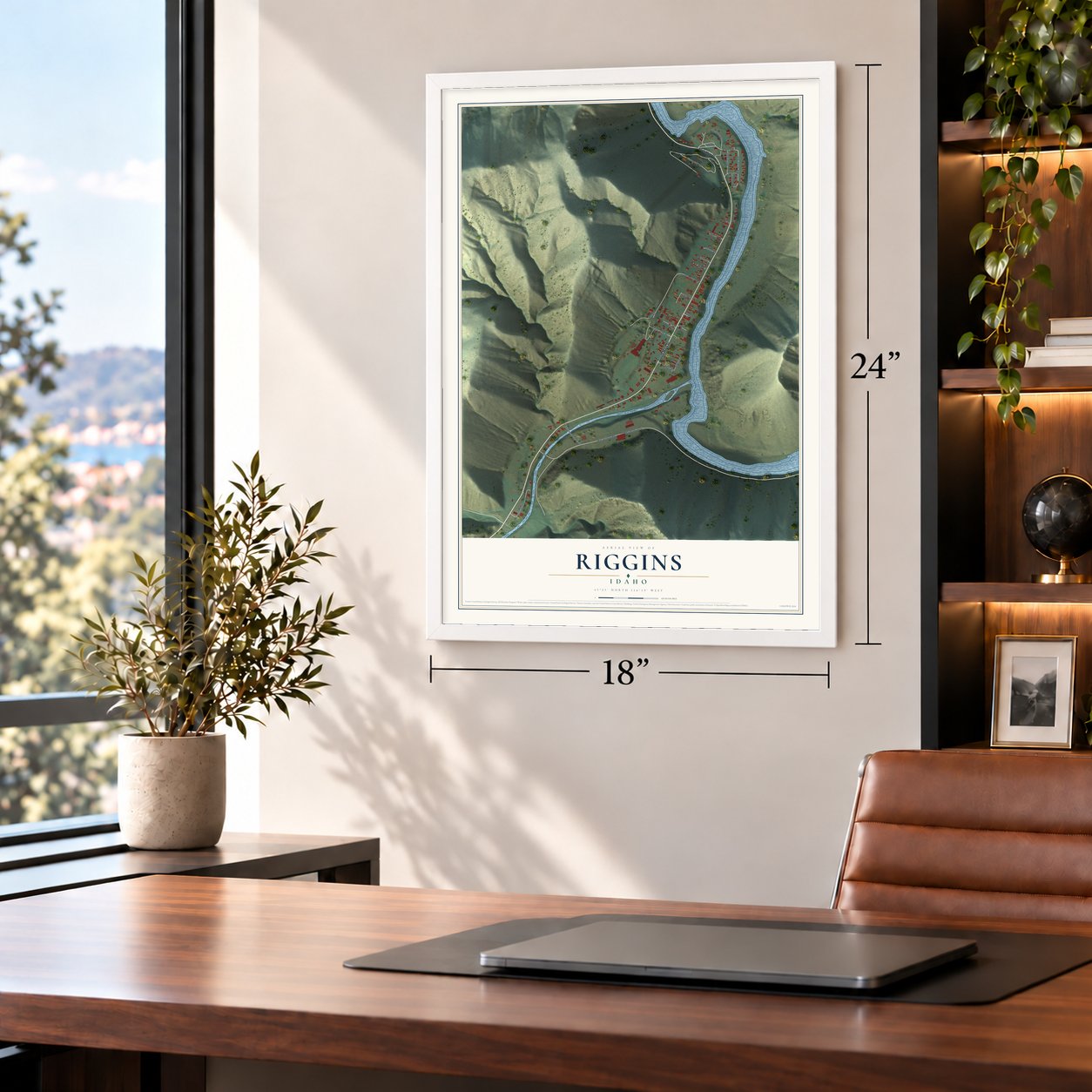 Riggins, Idaho map, 18 x 24 inch print in a white frame in a home office