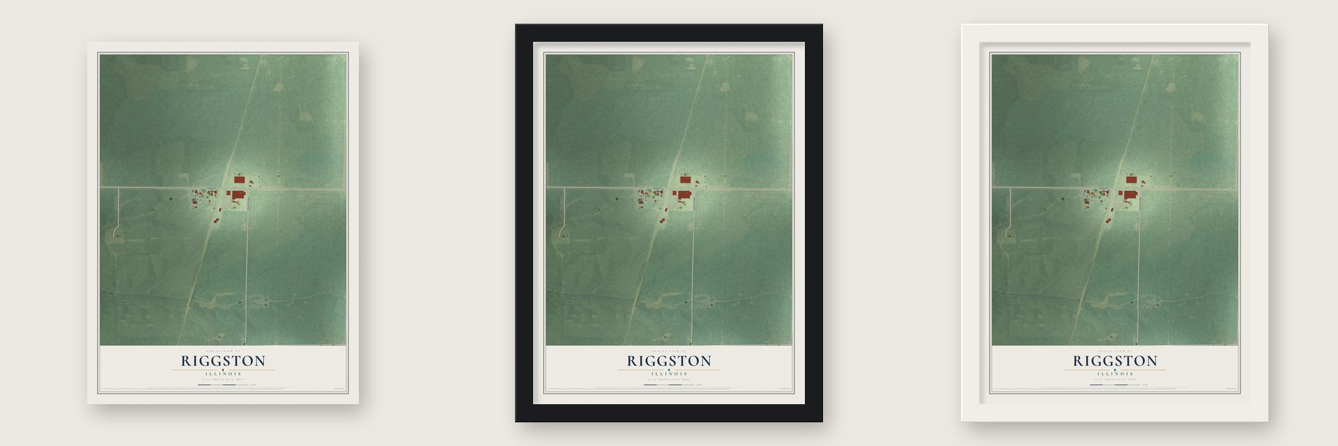 Riggston, Illinois map unframed, in a black wood frame and in a white wood frame