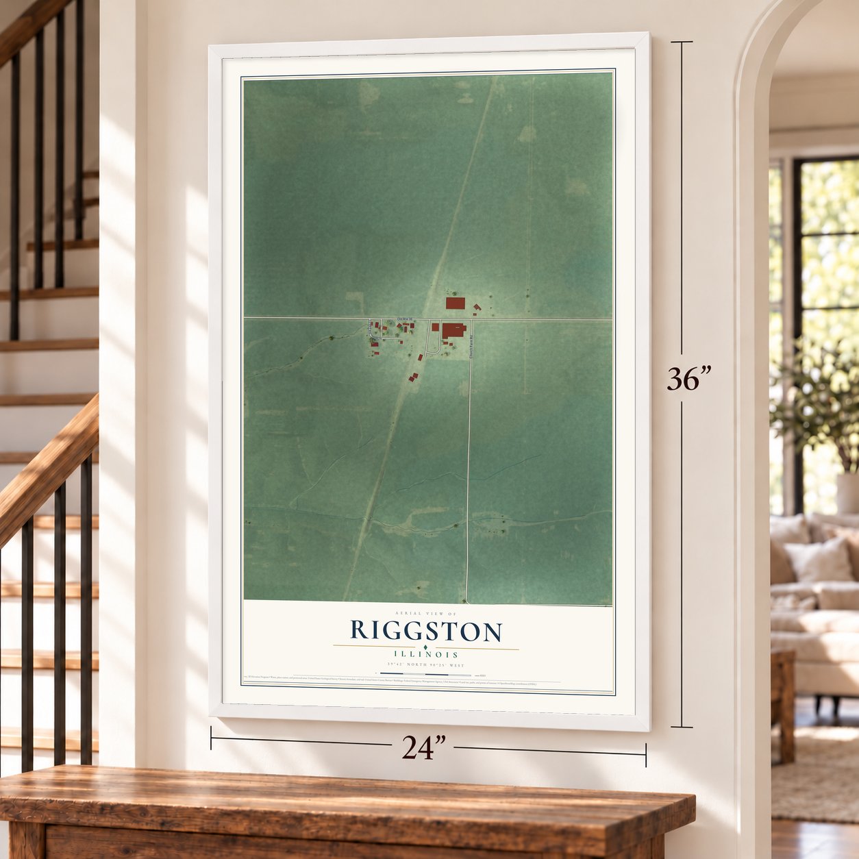 Riggston, Illinois map, 24 x 36 inch print in a white frame by a staircase