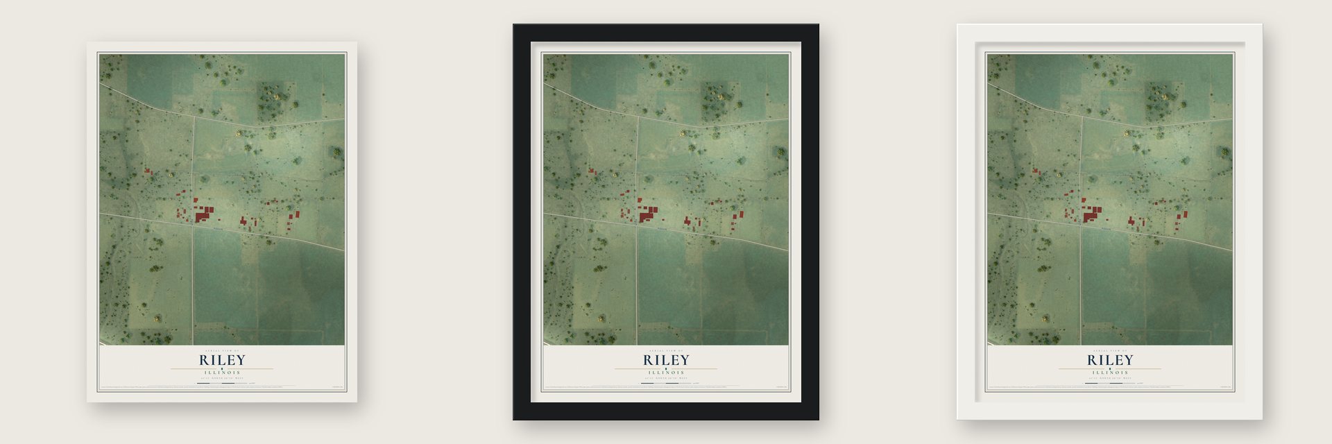 Riley, Illinois map unframed, in a black wood frame and in a white wood frame