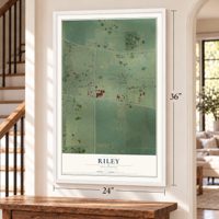 Riley, Illinois map, 24 x 36 inch print in a white frame by a staircase
