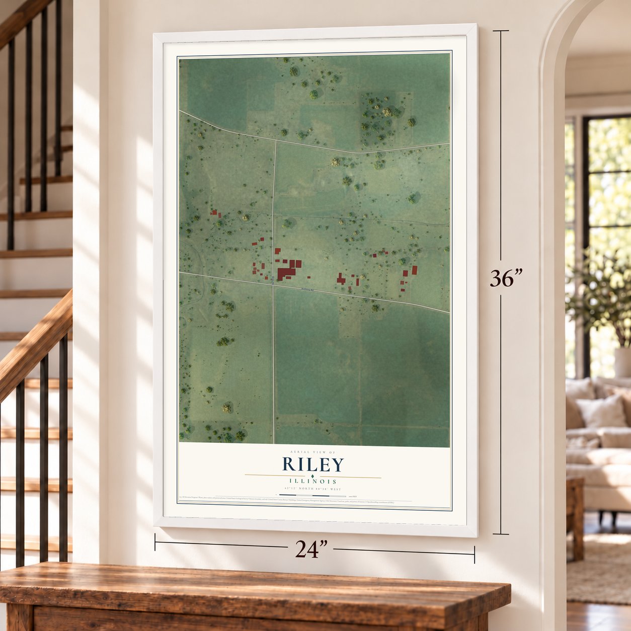 Riley, Illinois map, 24 x 36 inch print in a white frame by a staircase