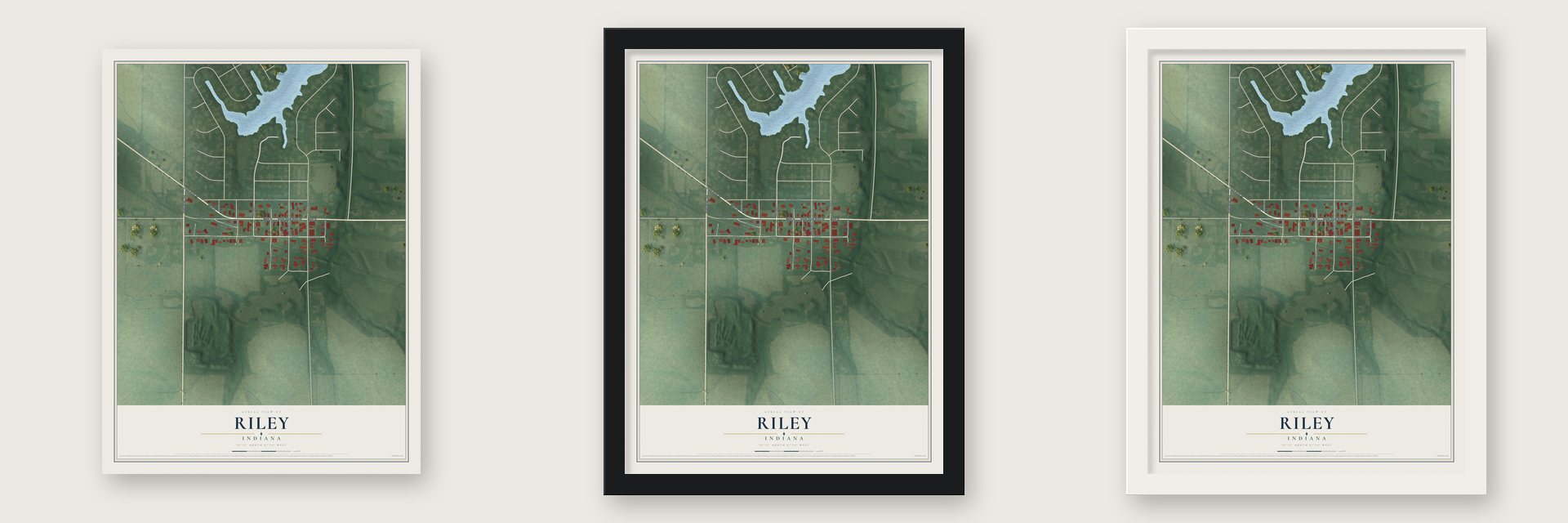 Riley, Indiana map unframed, in a black wood frame and in a white wood frame