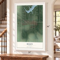 Riley, Indiana map, 24 x 36 inch print in a white frame by a staircase