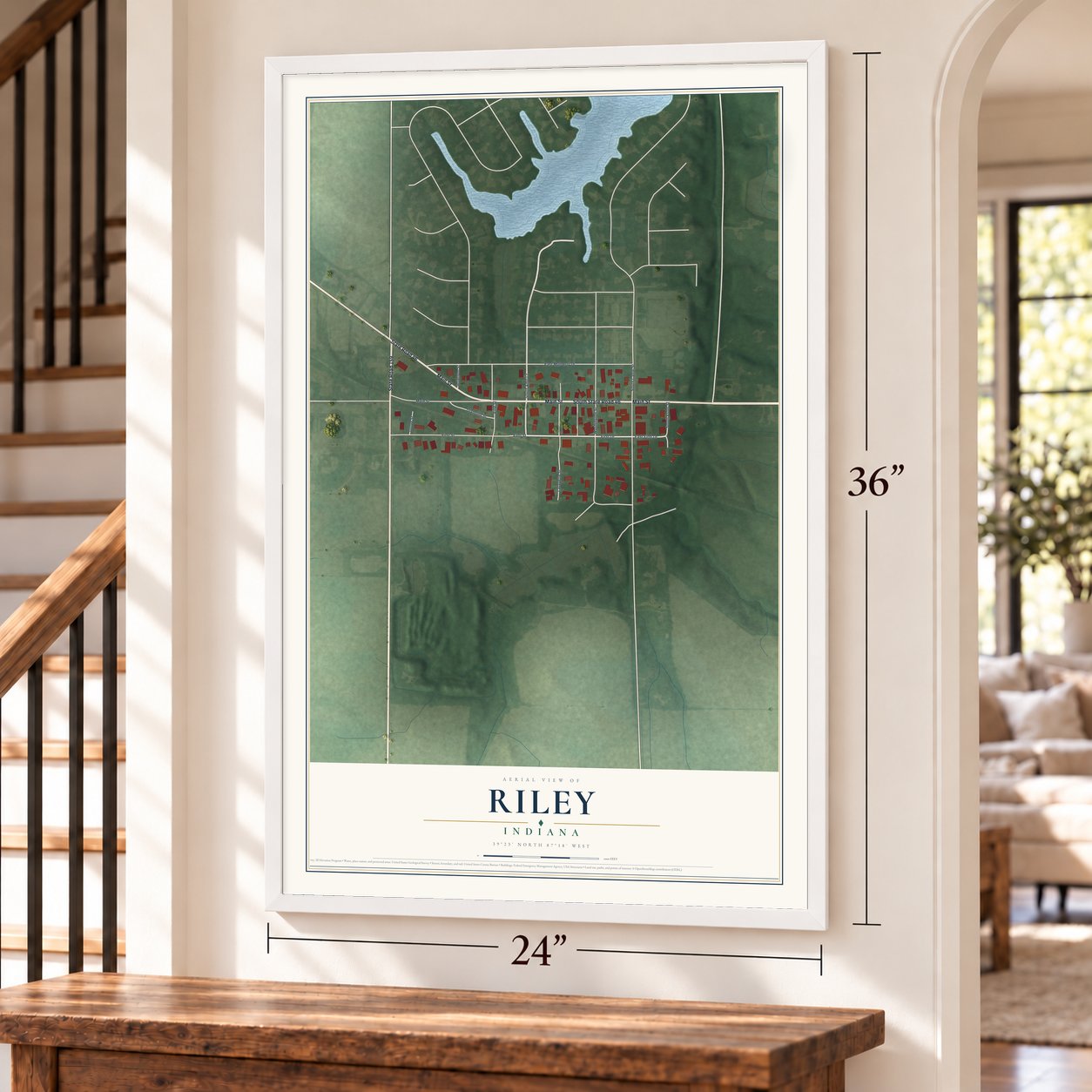 Riley, Indiana map, 24 x 36 inch print in a white frame by a staircase