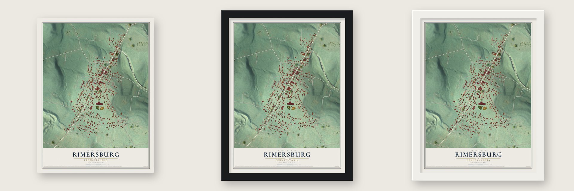 Rimersburg, Pennsylvania map unframed, in a black wood frame and in a white wood frame
