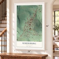 Rimersburg, Pennsylvania map, 24 x 36 inch print in a white frame by a staircase