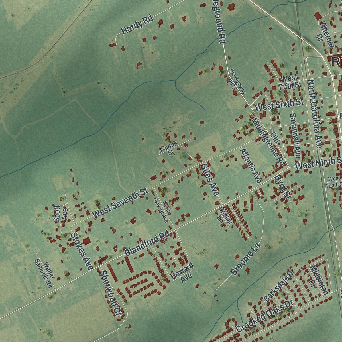 Second close-up of the map of Rincon, Georgia print showing more streets and buildings