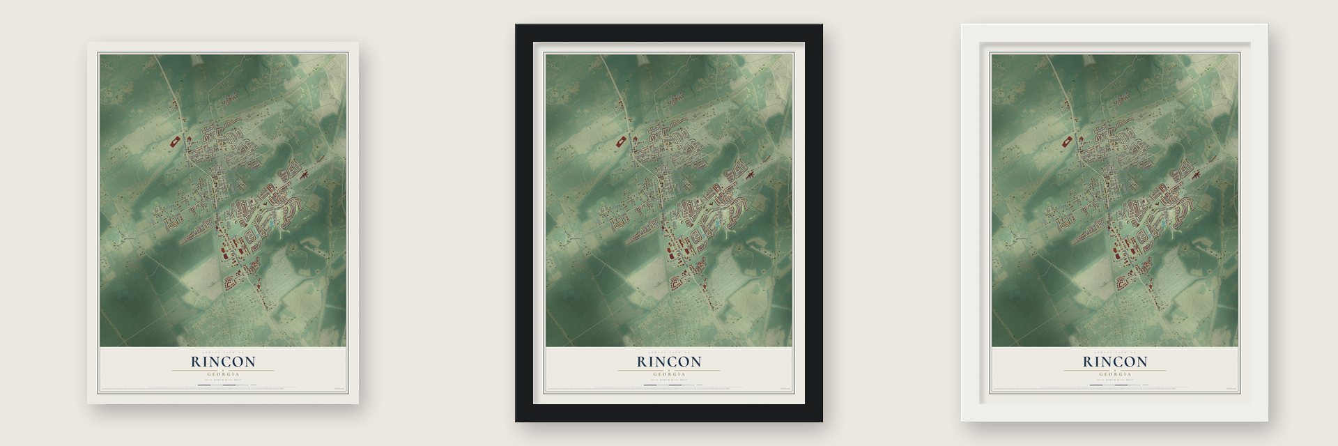 Rincon, Georgia map unframed, in a black wood frame and in a white wood frame