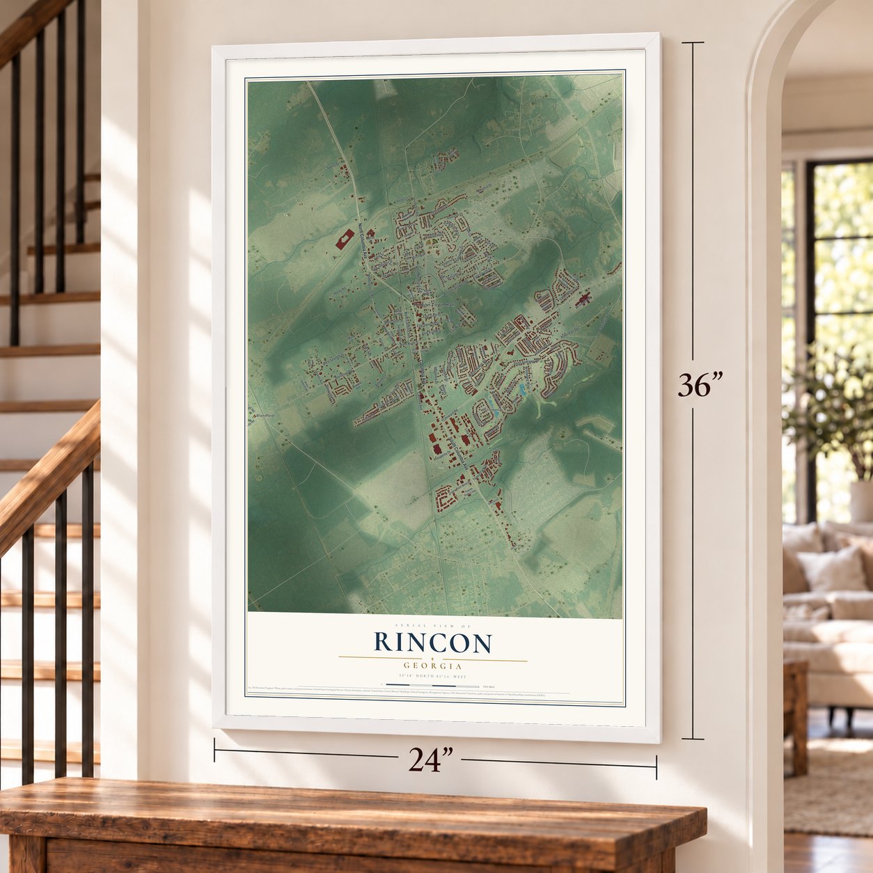 Rincon, Georgia map, 24 x 36 inch print in a white frame by a staircase