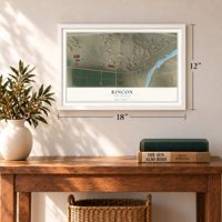 Rincon, New Mexico map, 12 x 18 inch print in a white frame in an entryway