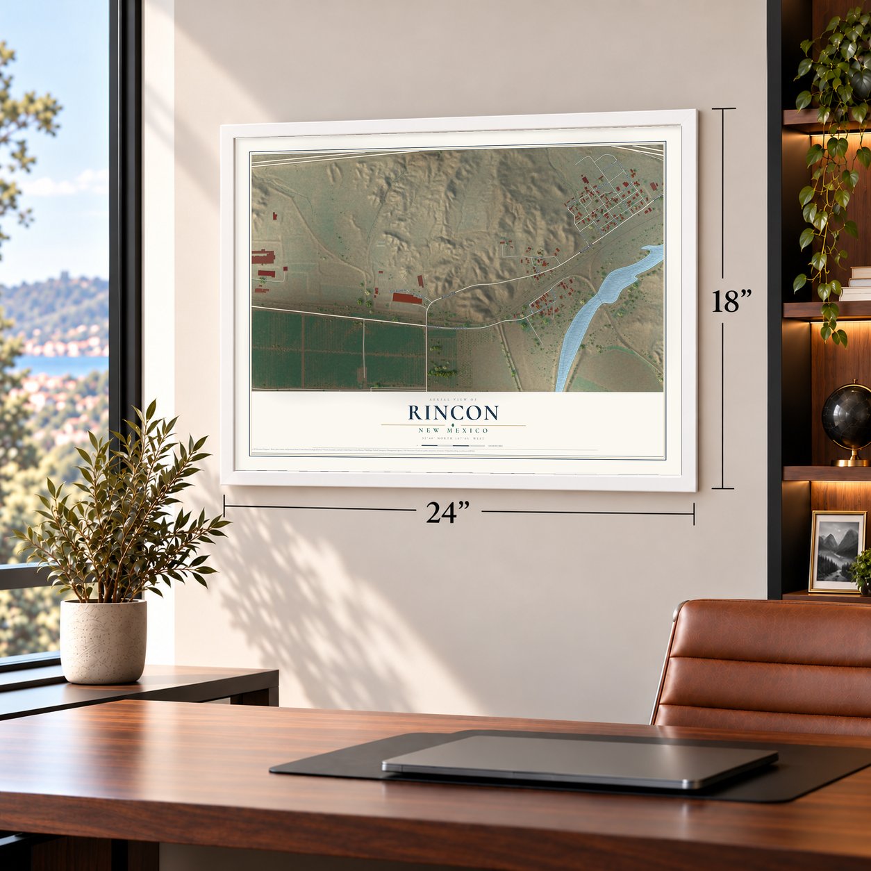 Rincon, New Mexico map, 18 x 24 inch print in a white frame in a home office