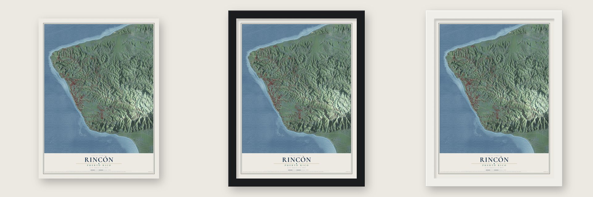 Rincón, Puerto Rico map unframed, in a black wood frame and in a white wood frame