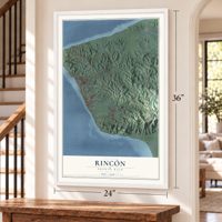 Rincón, Puerto Rico map, 24 x 36 inch print in a white frame by a staircase