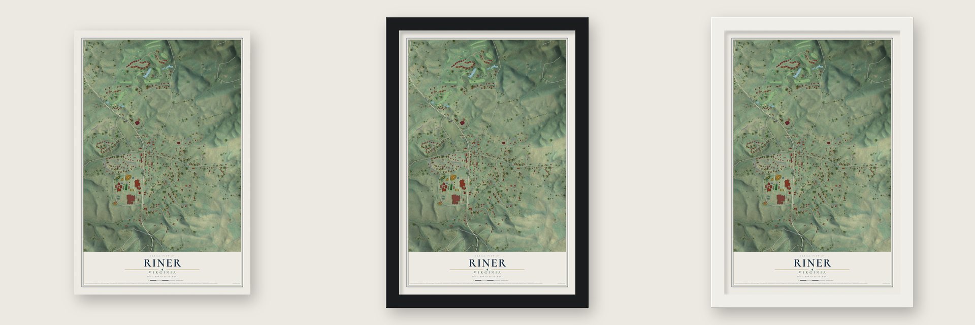 Riner, Virginia map unframed, in a black wood frame and in a white wood frame