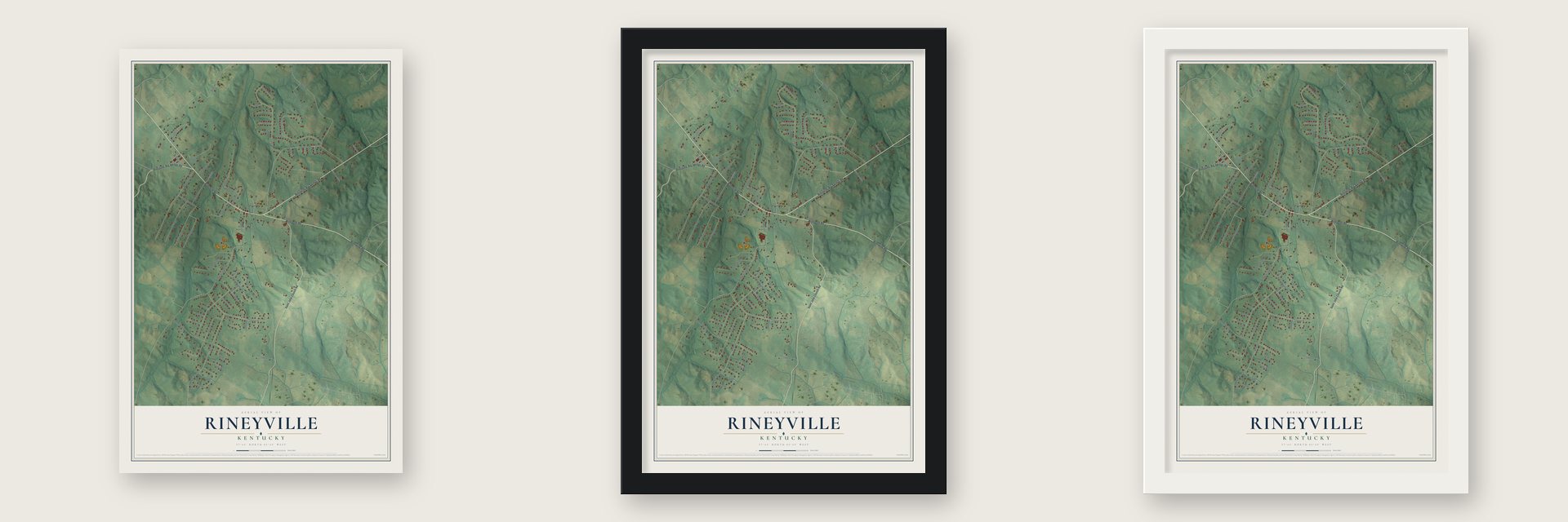 Rineyville, Kentucky map unframed, in a black wood frame and in a white wood frame