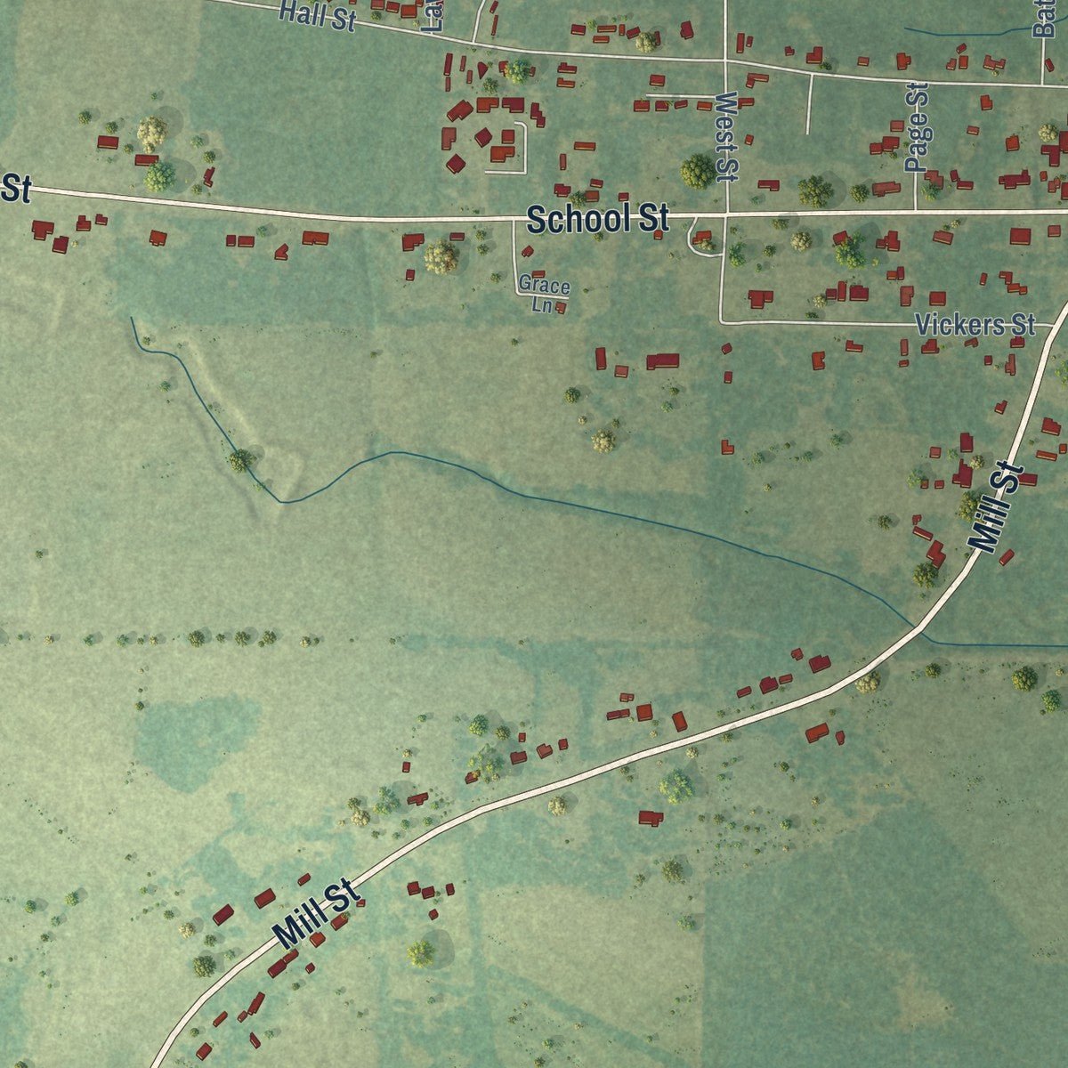 Second close-up of the map of Ringgold, Louisiana print showing more streets and buildings