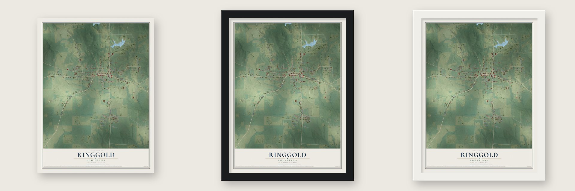 Ringgold, Louisiana map unframed, in a black wood frame and in a white wood frame