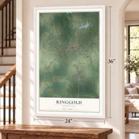 Ringgold, Louisiana map, 24 x 36 inch print in a white frame by a staircase