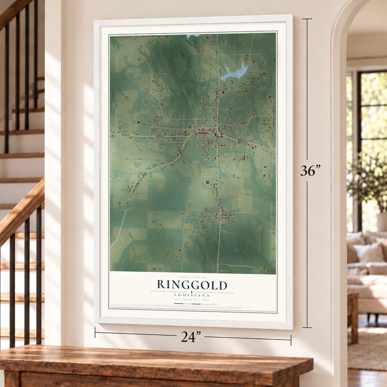 Ringgold, Louisiana map, 24 x 36 inch print in a white frame by a staircase