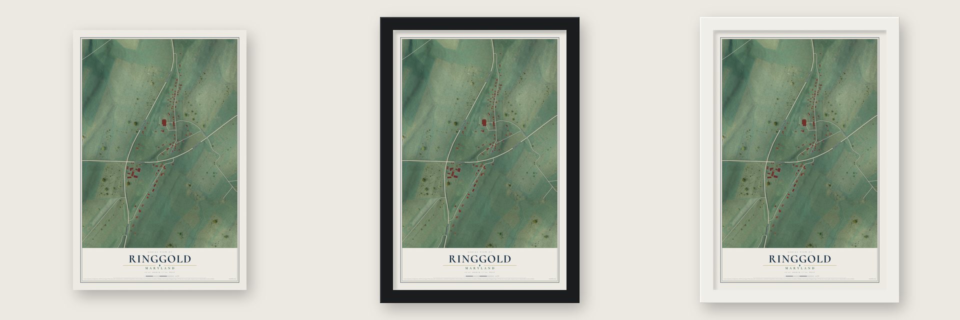 Ringgold, Maryland map unframed, in a black wood frame and in a white wood frame