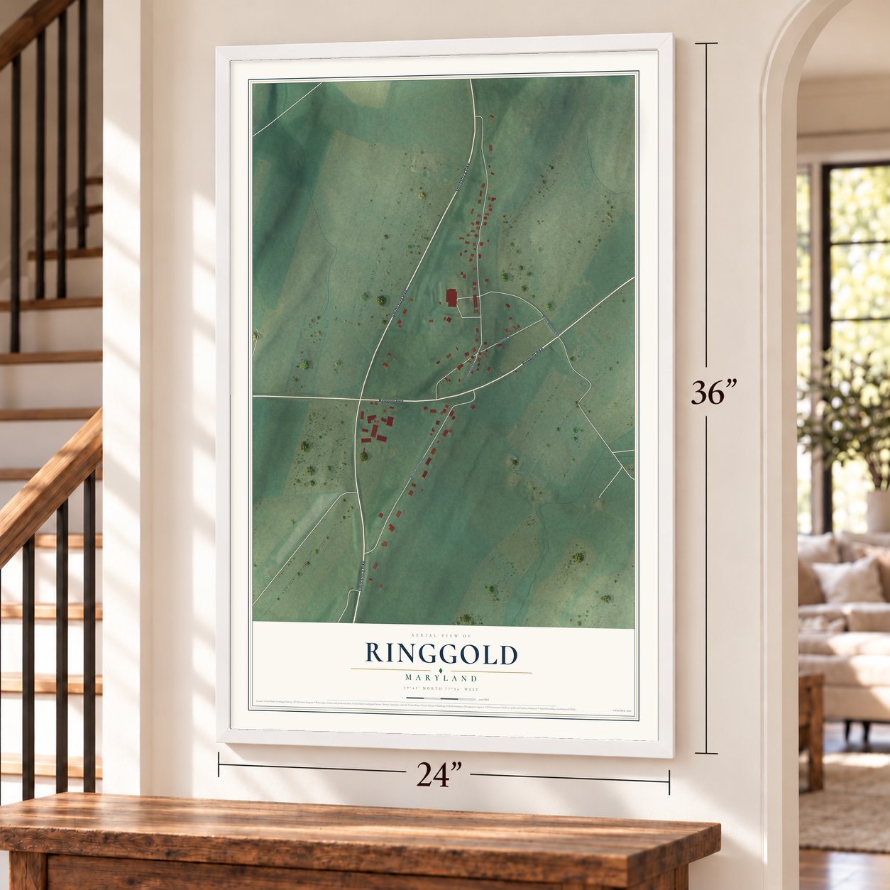 Ringgold, Maryland map, 24 x 36 inch print in a white frame by a staircase