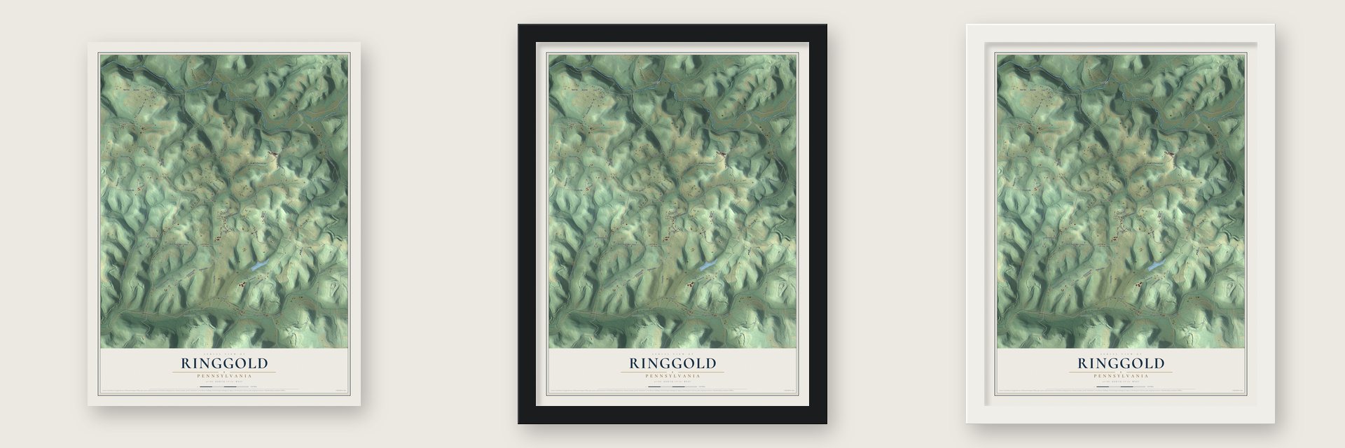 Ringgold, Pennsylvania map unframed, in a black wood frame and in a white wood frame