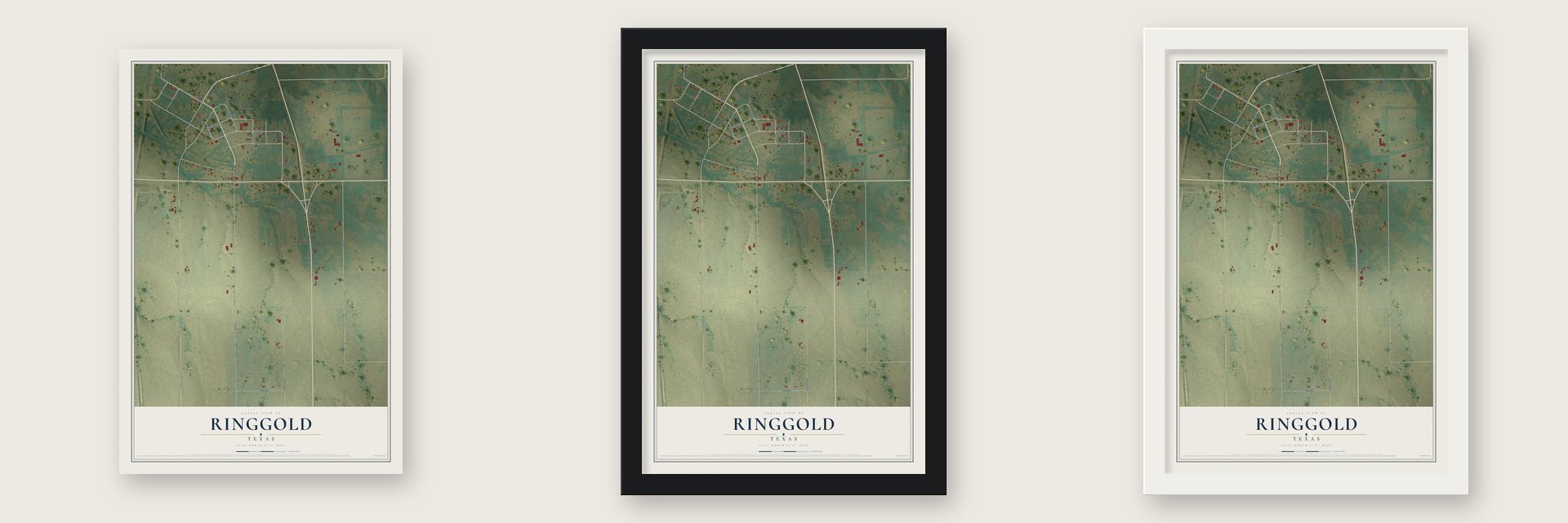 Ringgold, Texas map unframed, in a black wood frame and in a white wood frame