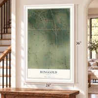 Ringgold, Texas map, 24 x 36 inch print in a white frame by a staircase