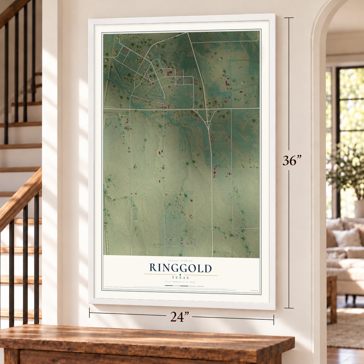 Ringgold, Texas map, 24 x 36 inch print in a white frame by a staircase