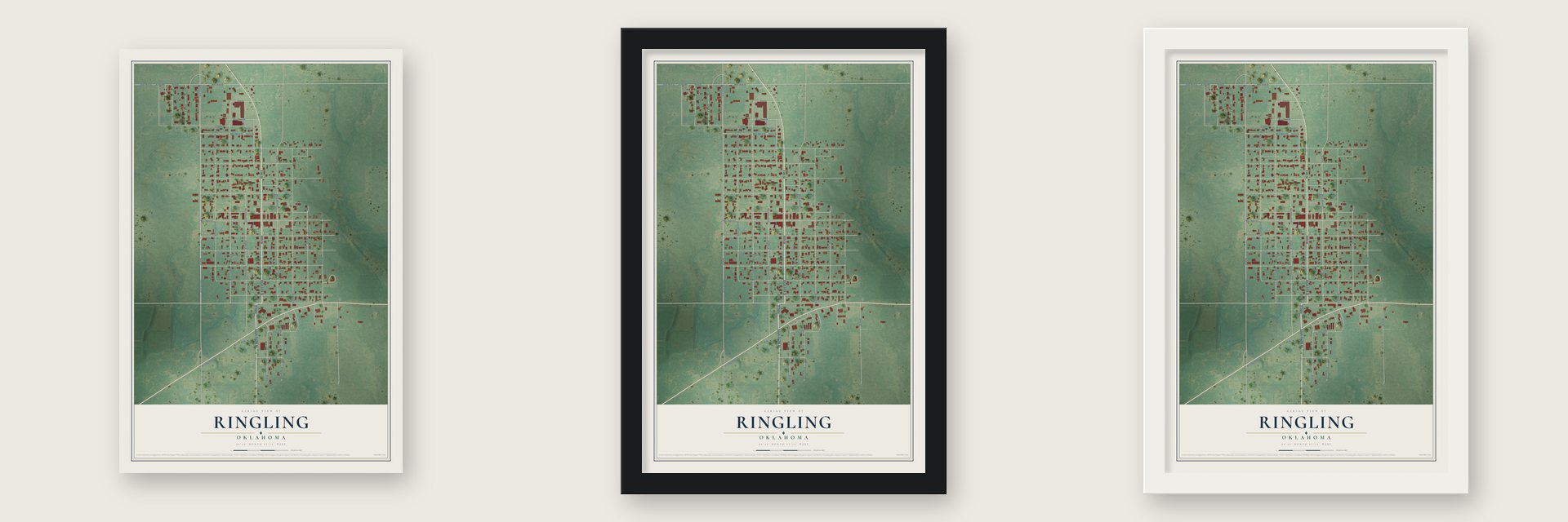 Ringling, Oklahoma map unframed, in a black wood frame and in a white wood frame
