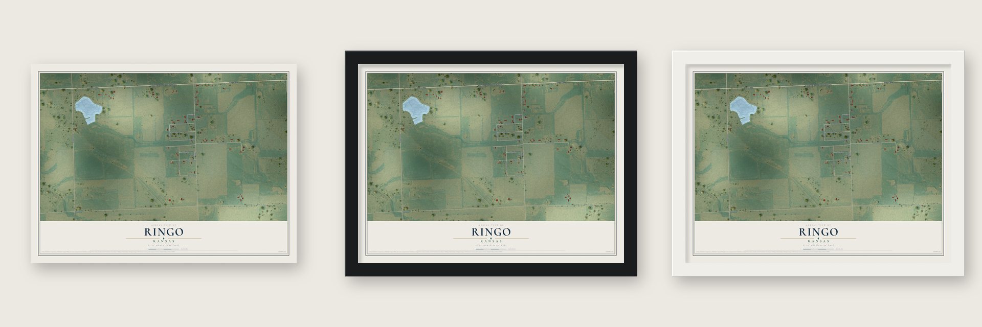 Ringo, Kansas map unframed, in a black wood frame and in a white wood frame