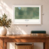 Ringo, Kansas map, 12 x 18 inch print in a white frame in an entryway