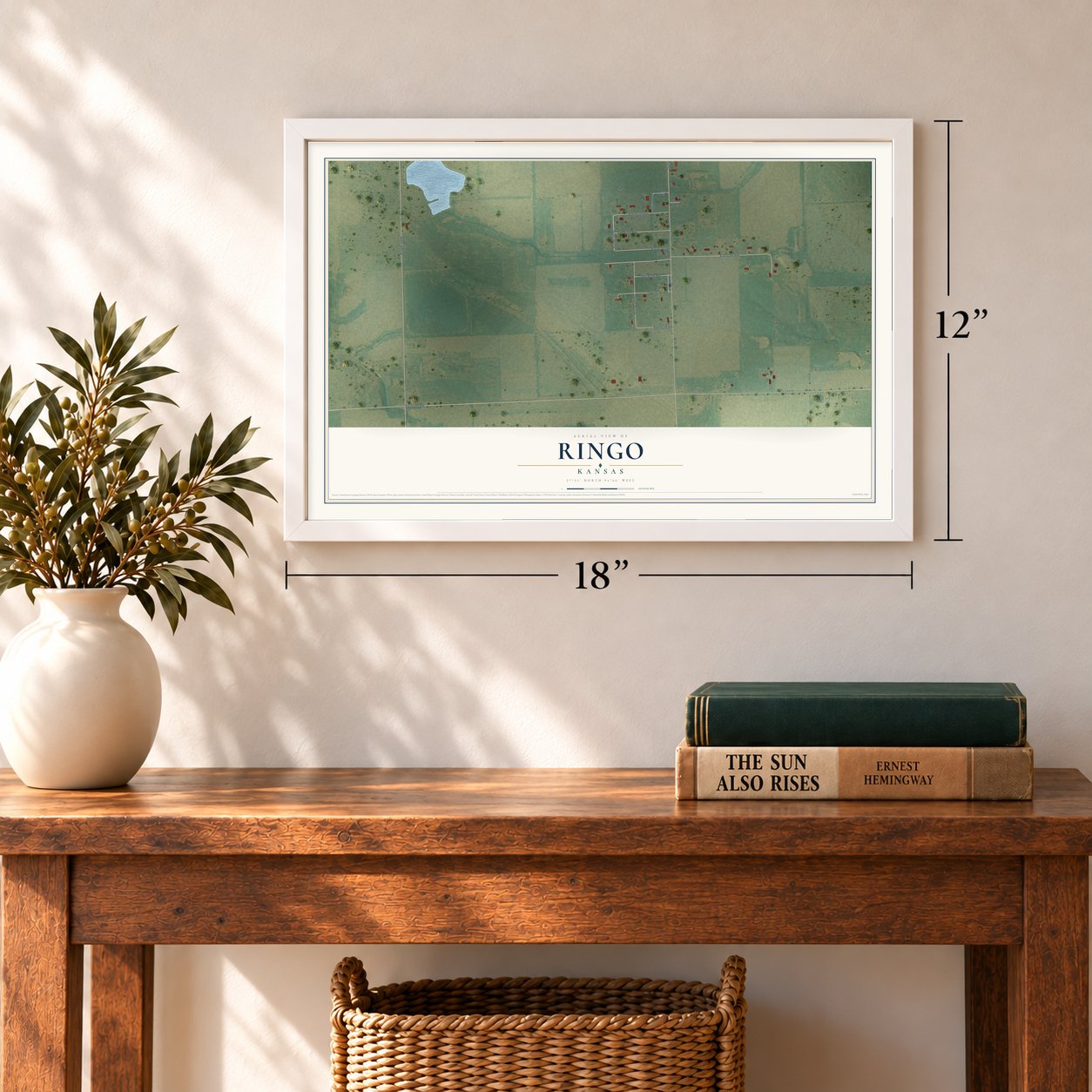 Ringo, Kansas map, 12 x 18 inch print in a white frame in an entryway