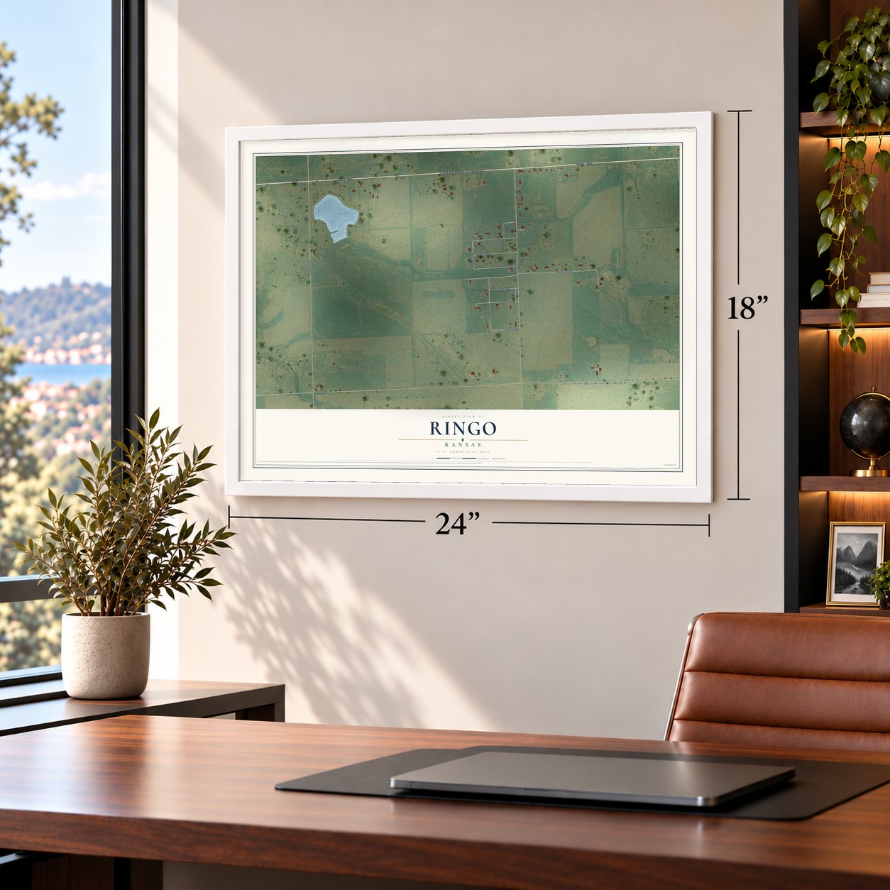 Ringo, Kansas map, 18 x 24 inch print in a white frame in a home office